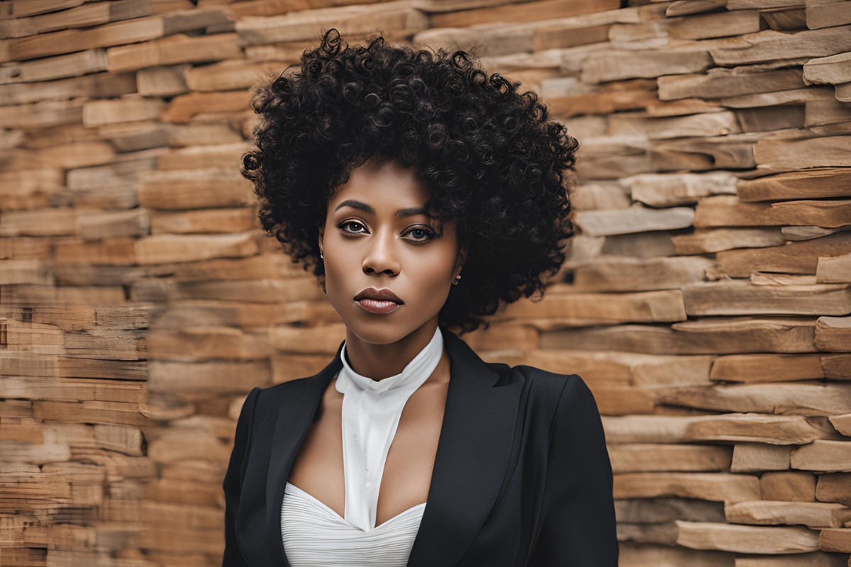 femme cheveux frisés afro stylée